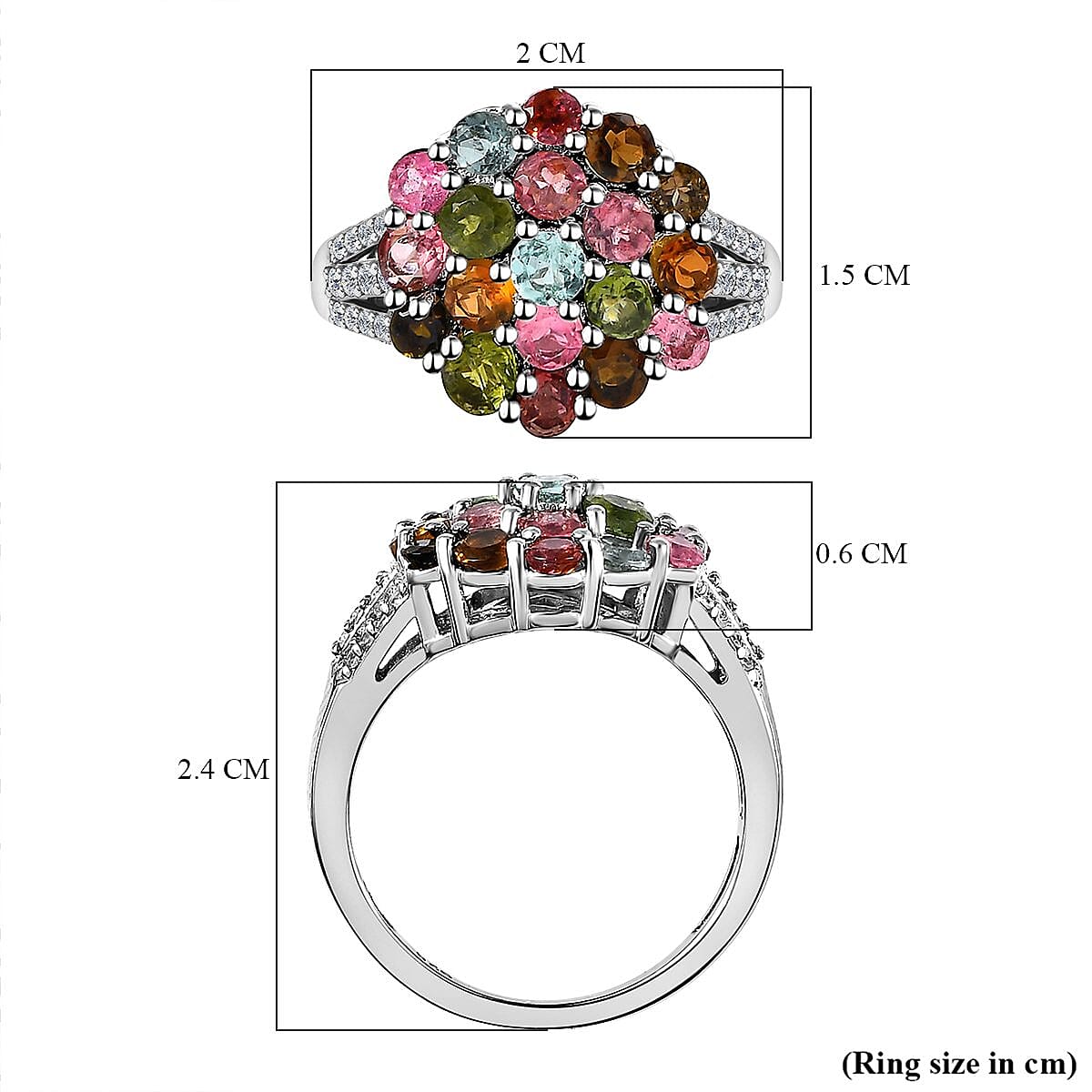 Multi-Tourmaline and Natural Zircon Cluster Ring in Platinum Overlay Sterling Silver 2.312 Ct. 7486766 5