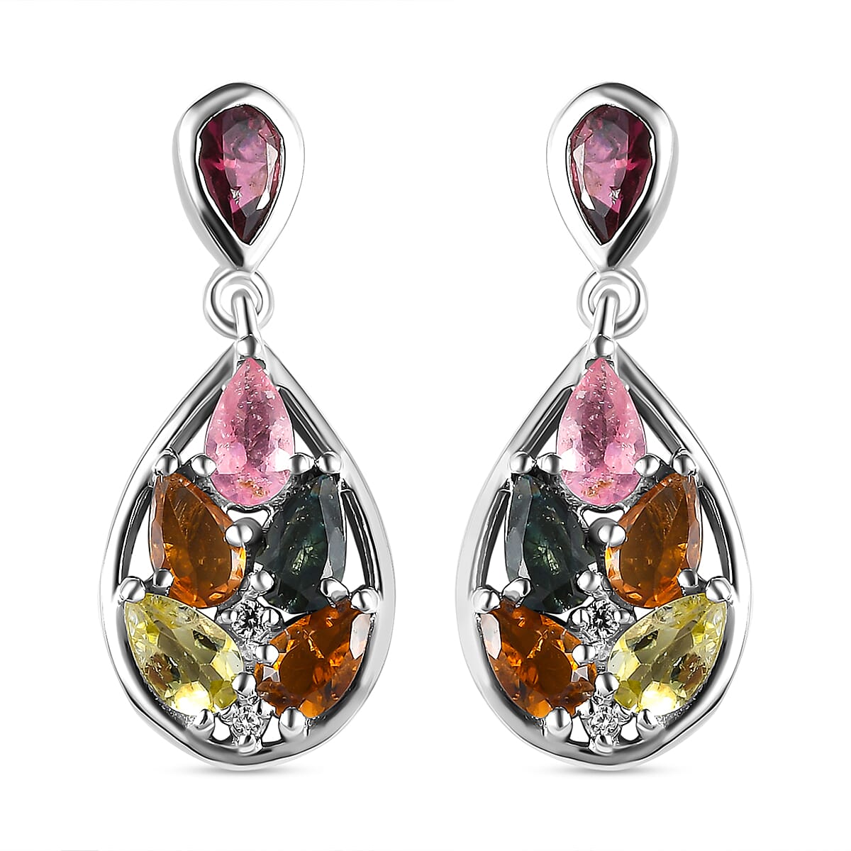 Multi-Tourmaline and Natural Zircon Drop Earrings in Platinum Overlay Sterling Silver 2.42 Ct. 7212390 0