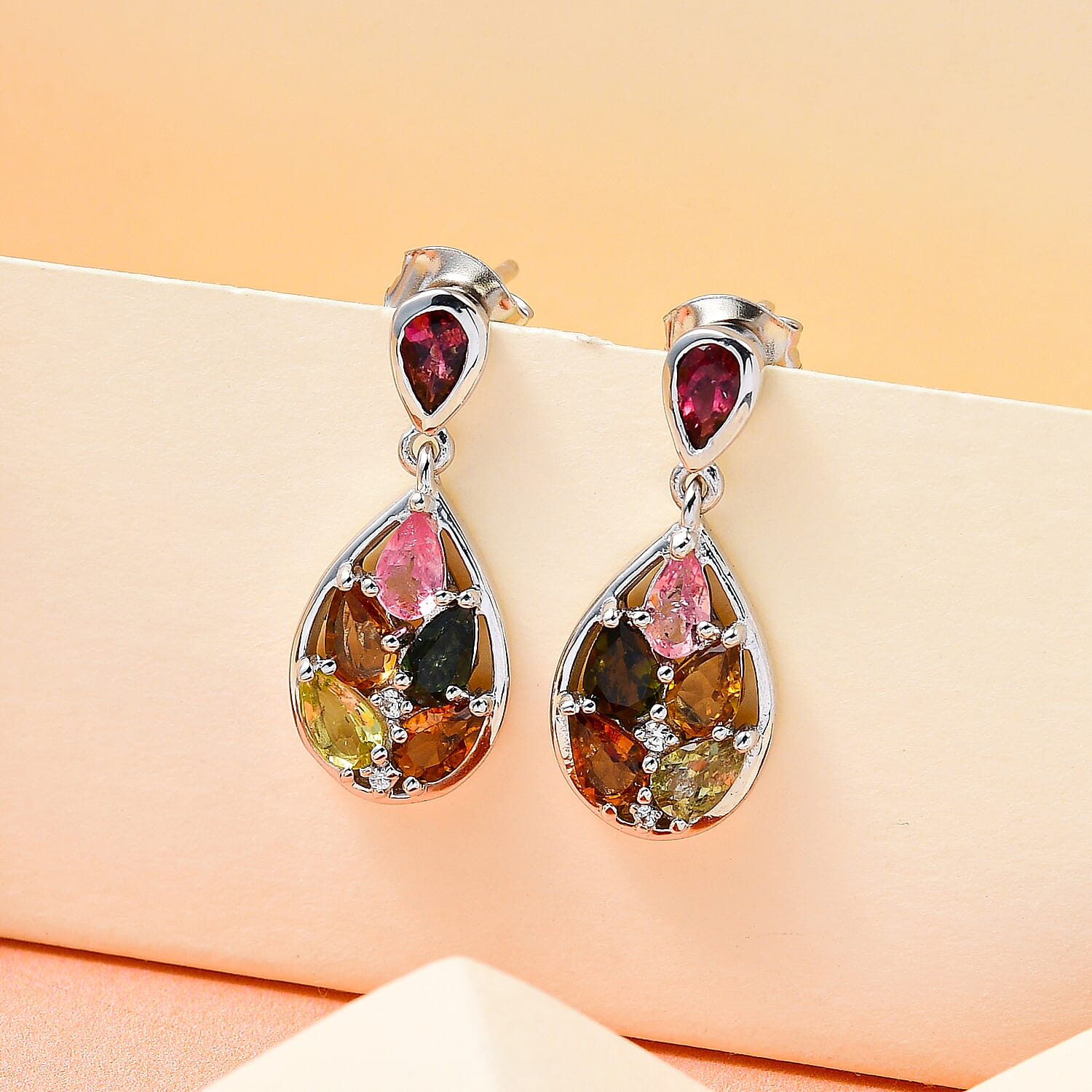 Multi-Tourmaline and Natural Zircon Drop Earrings in Platinum Overlay Sterling Silver 2.42 Ct. 7212390 2
