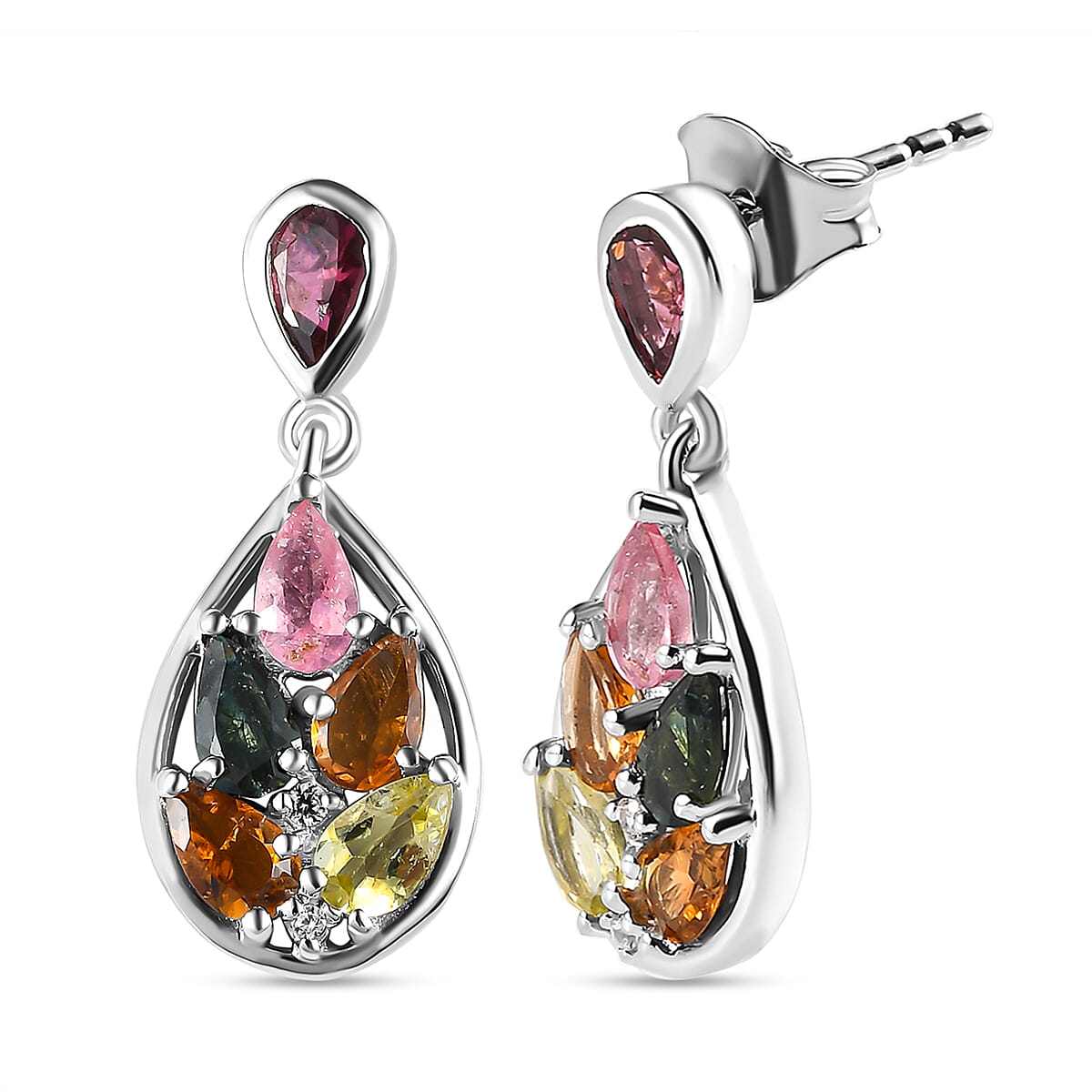 Multi-Tourmaline and Natural Zircon Drop Earrings in Platinum Overlay Sterling Silver 2.42 Ct. 7212390 4
