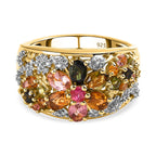 Multi-Tourmaline and Natural Cambodian Zircon Floral Ring in 18K Vermeil Yellow Gold Sterling Silver 1.932 Ct.