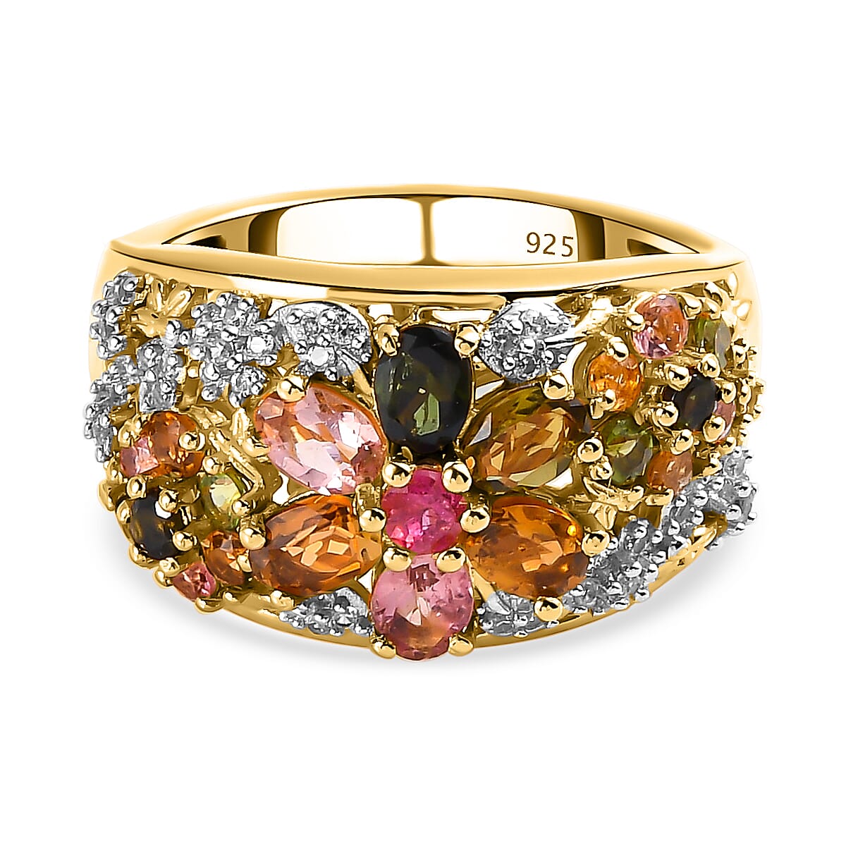 Multi-Tourmaline and Natural Cambodian Zircon Floral Ring in 18K Vermeil Yellow Gold Sterling Silver 1.932 Ct. 7209473 0