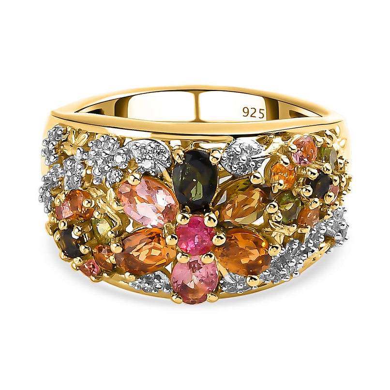 Multi-Tourmaline and Natural Cambodian Zircon Floral Ring in 18K Vermeil Yellow Gold Sterling Silver 1.932 Ct.