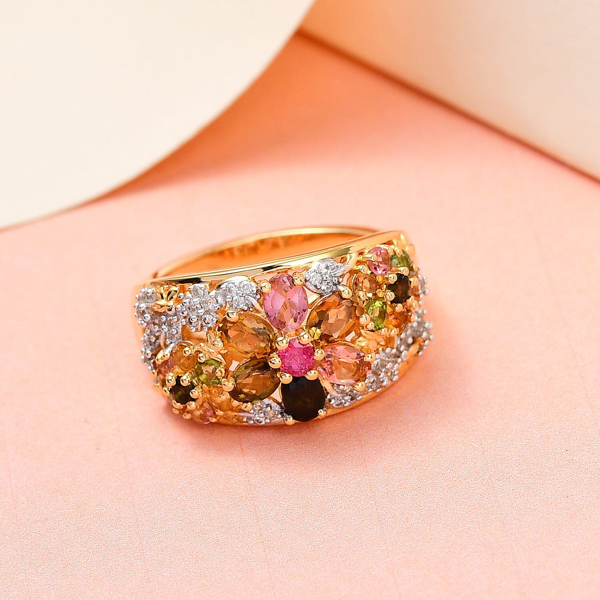Multi-Tourmaline and Natural Cambodian Zircon Floral Ring in 18K Vermeil Yellow Gold Sterling Silver 1.932 Ct. 7209473 2