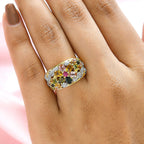Multi-Tourmaline and Natural Cambodian Zircon Floral Ring in 18K Vermeil Yellow Gold Sterling Silver 1.932 Ct.