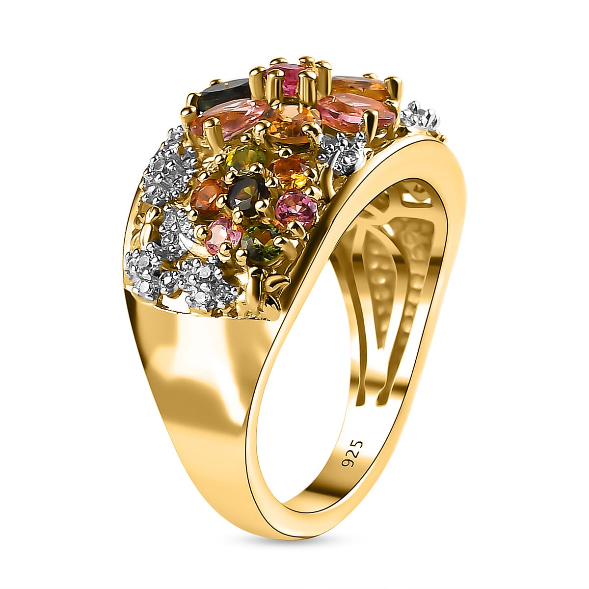 Multi-Tourmaline and Natural Cambodian Zircon Floral Ring in 18K Vermeil Yellow Gold Sterling Silver 1.932 Ct. 7209473 4