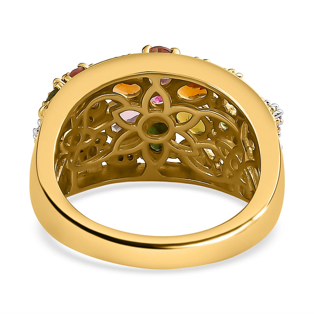 Multi-Tourmaline and Natural Cambodian Zircon Floral Ring in 18K Vermeil Yellow Gold Sterling Silver 1.932 Ct.