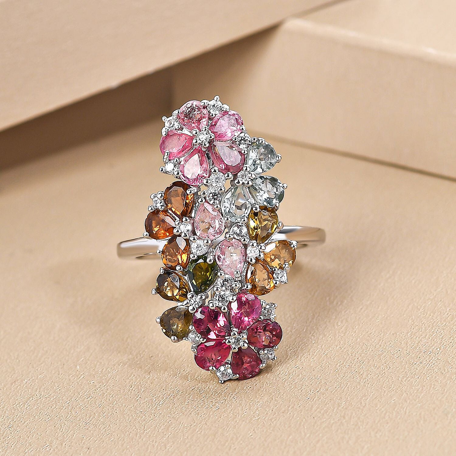 Multi-Tourmaline and Natural Zircon Ring in Platinum Overlay Sterling Silver 3.45 Ct. 7063356 2