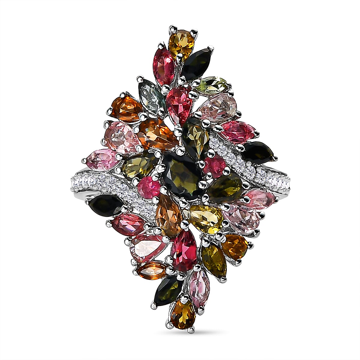 Multi-Tourmaline and Natural Zircon Ring in Platinum Overlay Sterling Silver 5.39 Ct, Silver Wt. 7.25 Gms 7320564 0