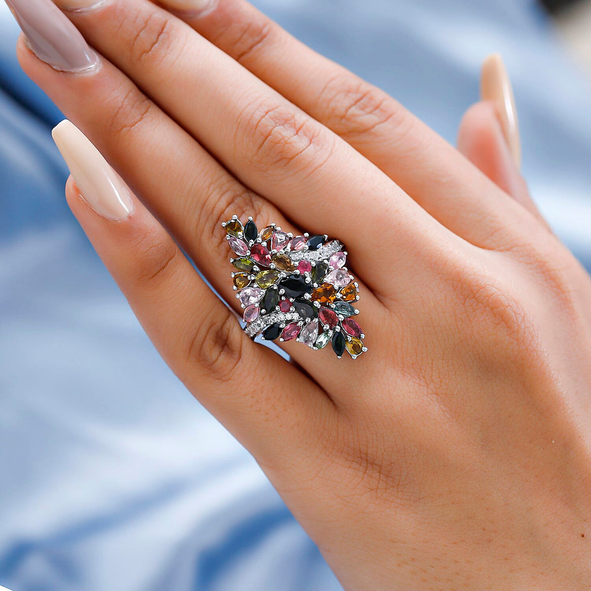 Multi-Tourmaline and Natural Zircon Ring in Platinum Overlay Sterling Silver 5.39 Ct, Silver Wt. 7.25 Gms 7320564 5