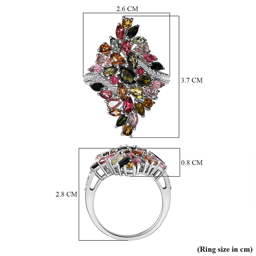 Multi-Tourmaline and Natural Zircon Ring in Platinum Overlay Sterling Silver 5.39 Ct, Silver Wt. 7.25 Gms