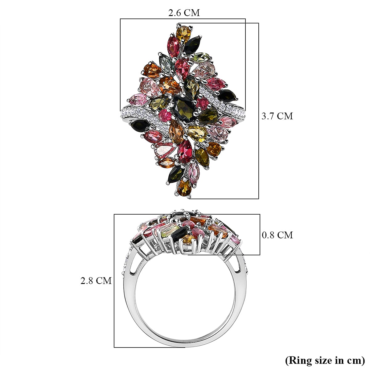 Multi-Tourmaline and Natural Zircon Ring in Platinum Overlay Sterling Silver 5.39 Ct, Silver Wt. 7.25 Gms 7320564 11