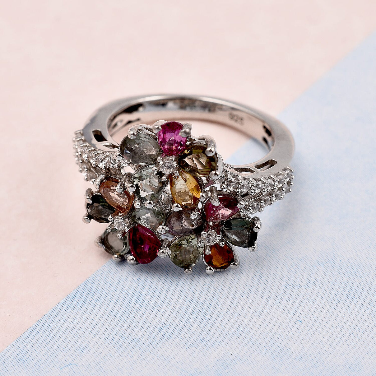 Multi-Tourmaline and Natural Zircon Wishbone Cluster Ring in Platinum Overlay Sterling Silver 2.78 Ct. 7320590 3