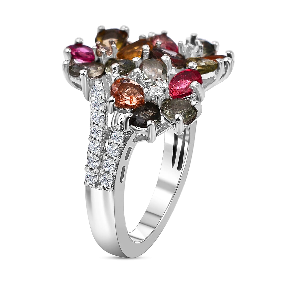 Multi-Tourmaline and Natural Zircon Wishbone Cluster Ring in Platinum Overlay Sterling Silver 2.78 Ct. 7320590 5