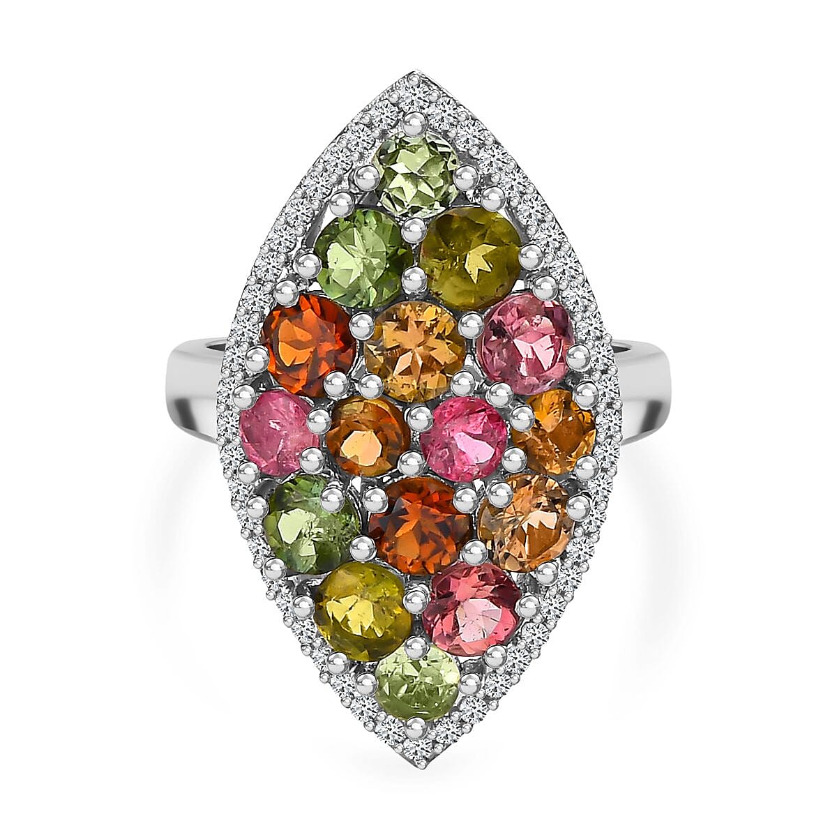 Multi-Tourmaline and Natural Cambodian Zircon Ring in Platinum Overlay Sterling Silver 3.362 Ct, Silver Wt 5.18 Gms 7456997 0