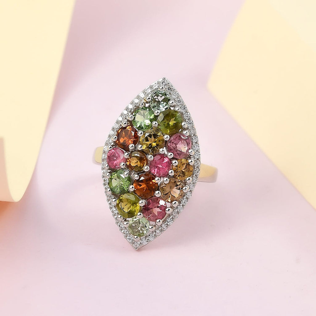 Multi-Tourmaline and Natural Zircon Ring in Platinum Overlay Sterling Silver 3.36 Ct, Silver Wt 5.61 Gms