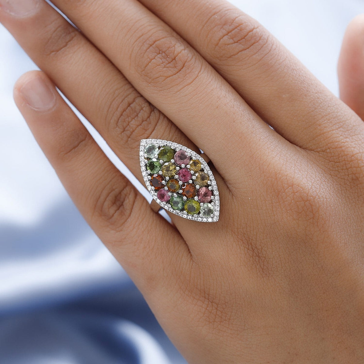 Multi-Tourmaline and Natural Cambodian Zircon Ring in Platinum Overlay Sterling Silver 3.362 Ct, Silver Wt 5.18 Gms 7456997 3