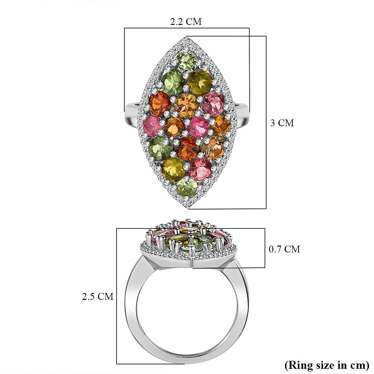Multi-Tourmaline and Natural Cambodian Zircon Ring in Platinum Overlay Sterling Silver 3.362 Ct, Silver Wt 5.18 Gms 7456997 6