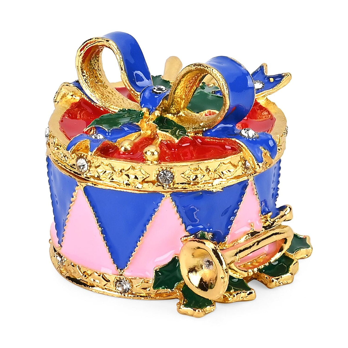 Christmas Drum Hand Painted Trinket Storage Box Enamelled With Sparkling Crystals - Blue &amp; Multi 7628895 0
