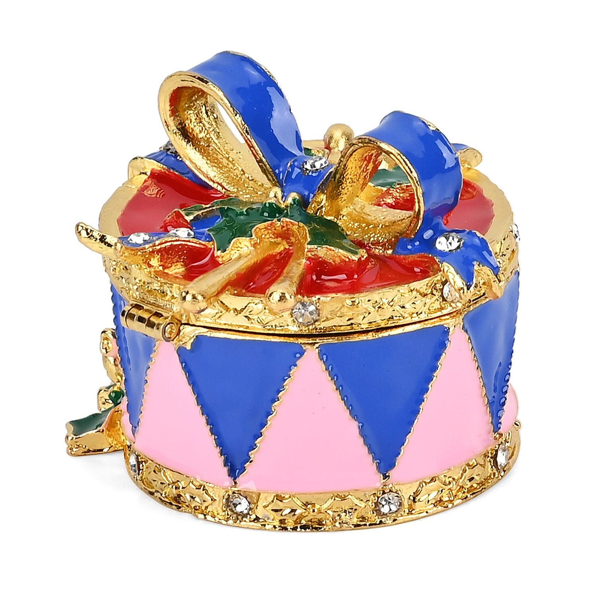 Christmas Drum Hand Painted Trinket Storage Box Enamelled With Sparkling Crystals - Blue &amp; Multi 7628895 3