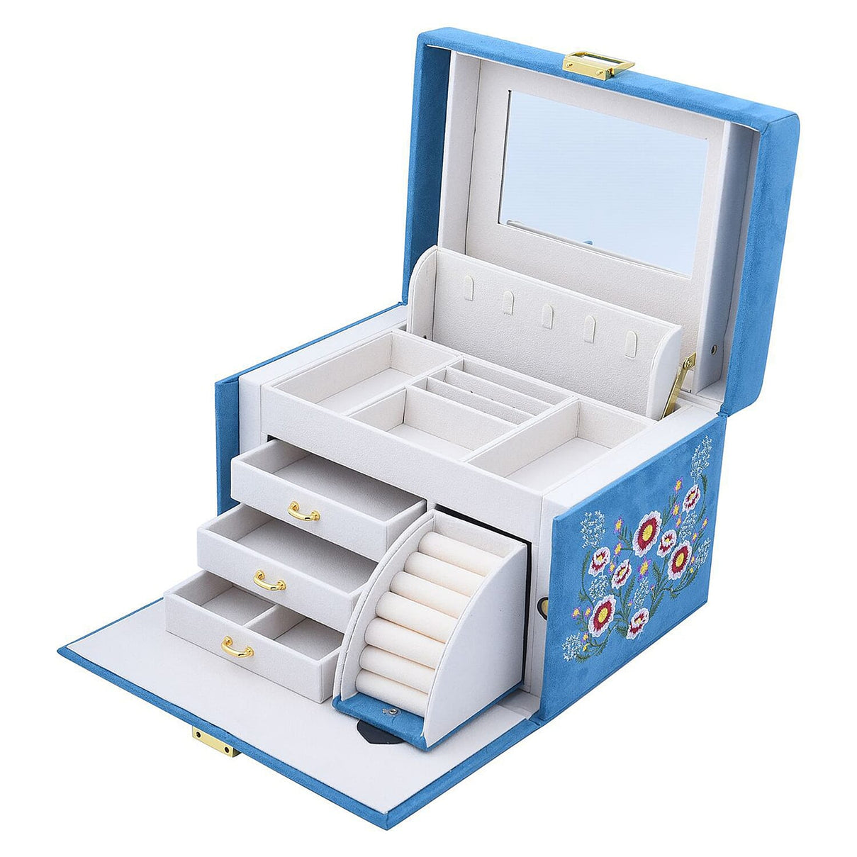 Multifunctional 4 layer Embroidered Pattern Jewellery Organizer with Handle (Size 26x19x18 cm) - Teal 7425169 0