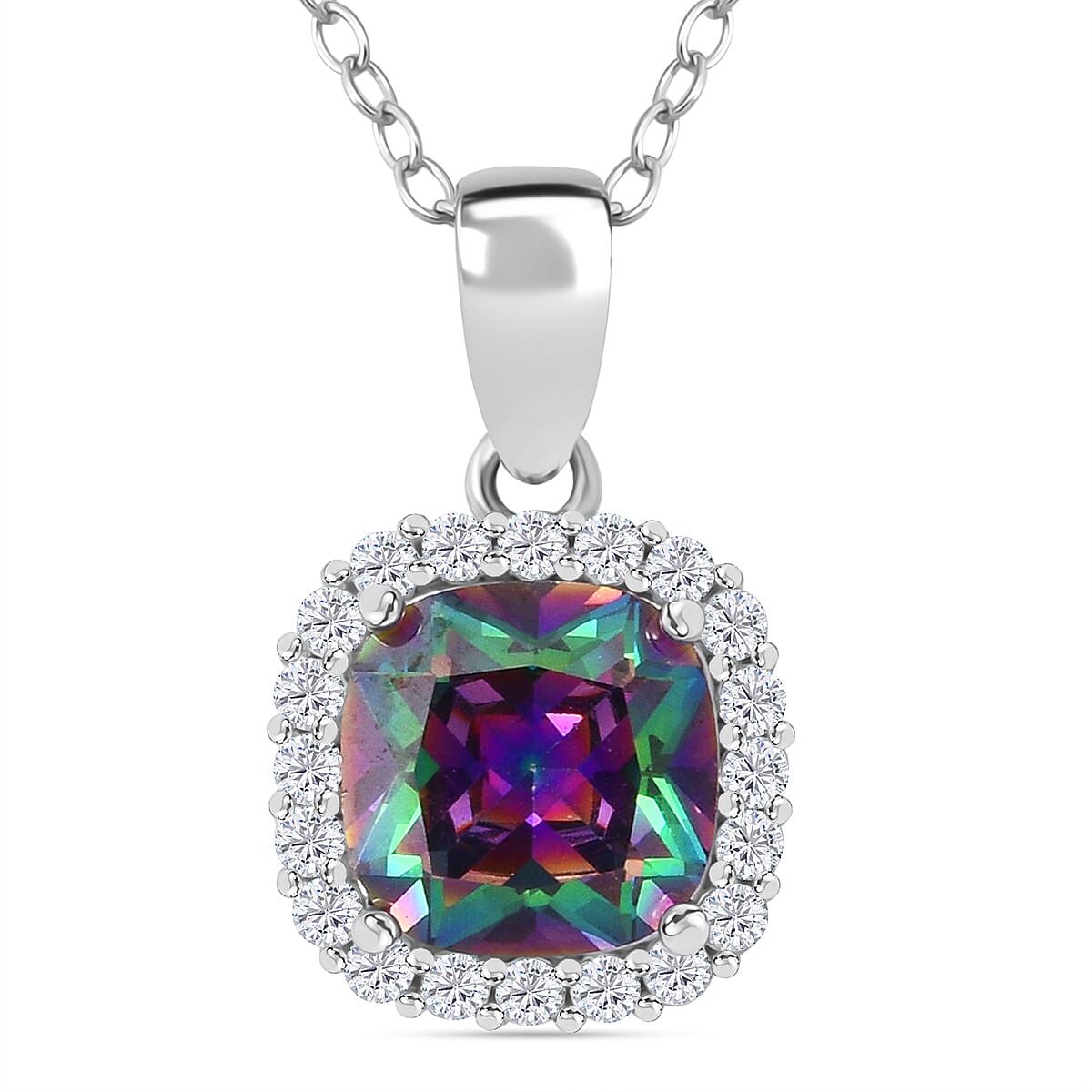 Mystic Topaz Cubic Zirconia, White Cubic Zirconia Halo Pendant with Chain (Size 20) in Rhodium Overlay Sterling Silver 4328295 0