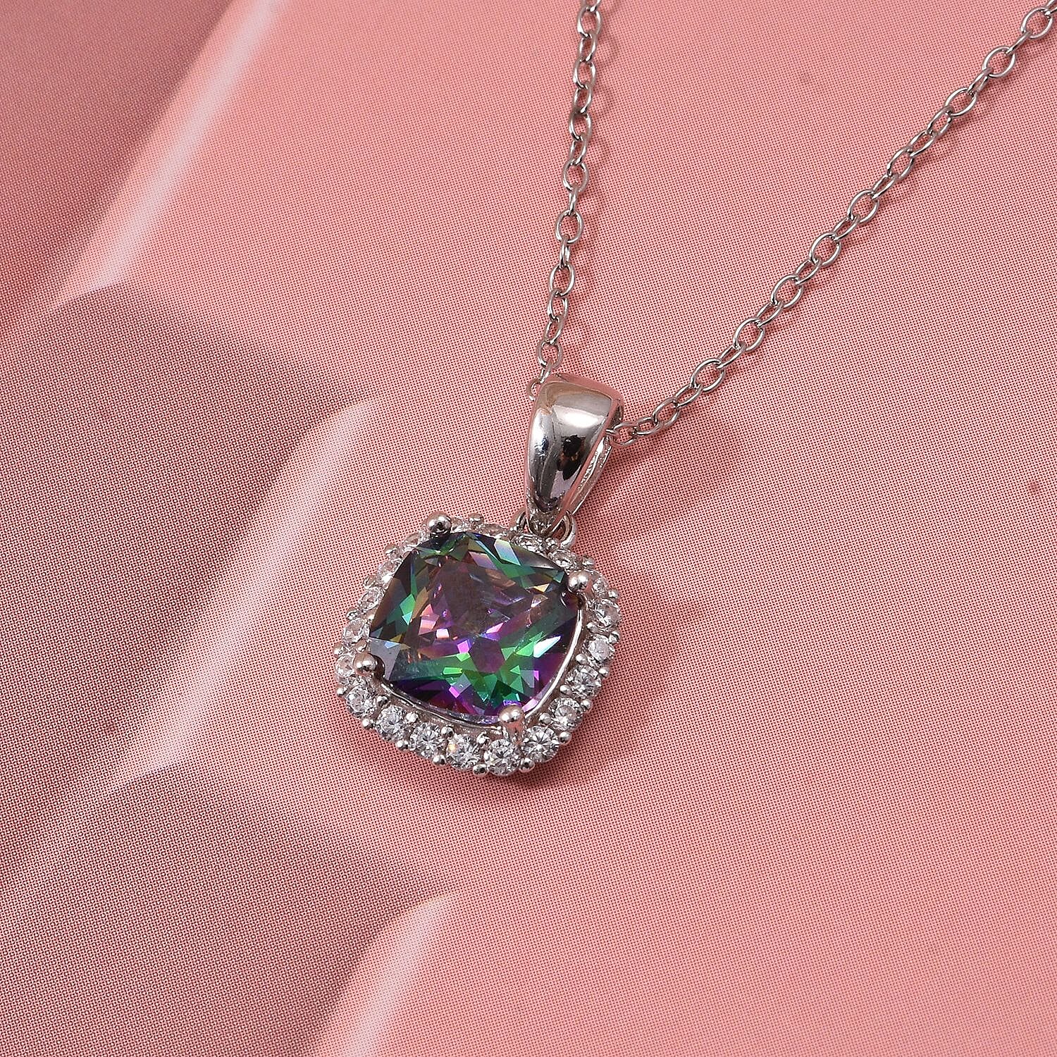 Mystic Topaz Cubic Zirconia, White Cubic Zirconia Halo Pendant with Chain (Size 20) in Rhodium Overlay Sterling Silver 4328295 2