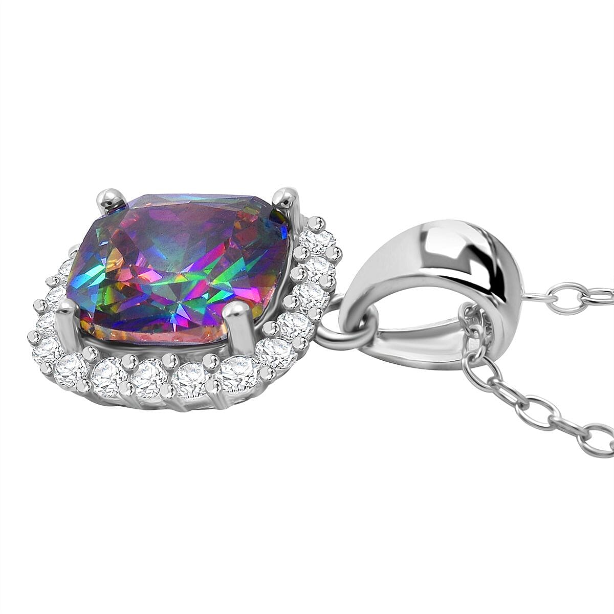 Mystic Topaz Cubic Zirconia, White Cubic Zirconia Halo Pendant with Chain (Size 20) in Rhodium Overlay Sterling Silver 4328295 4