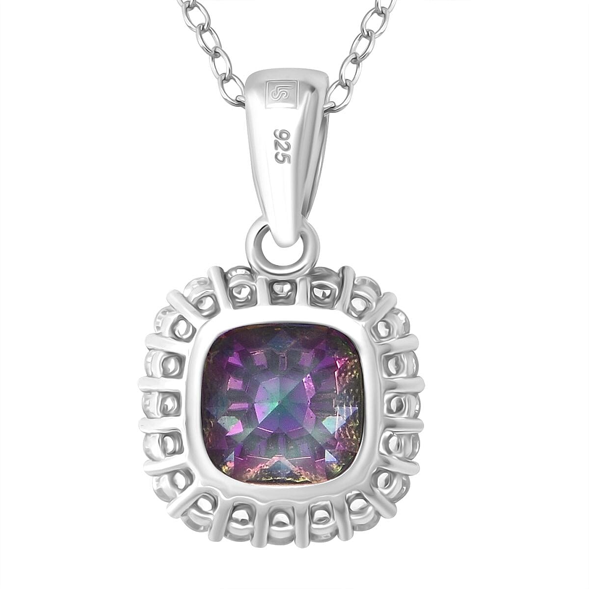 Mystic Topaz Cubic Zirconia, White Cubic Zirconia Halo Pendant with Chain (Size 20) in Rhodium Overlay Sterling Silver 4328295 5