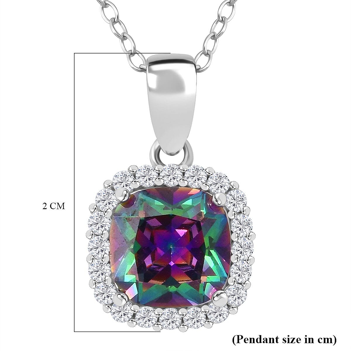 Mystic Topaz Cubic Zirconia, White Cubic Zirconia Halo Pendant with Chain (Size 20) in Rhodium Overlay Sterling Silver 4328295 6