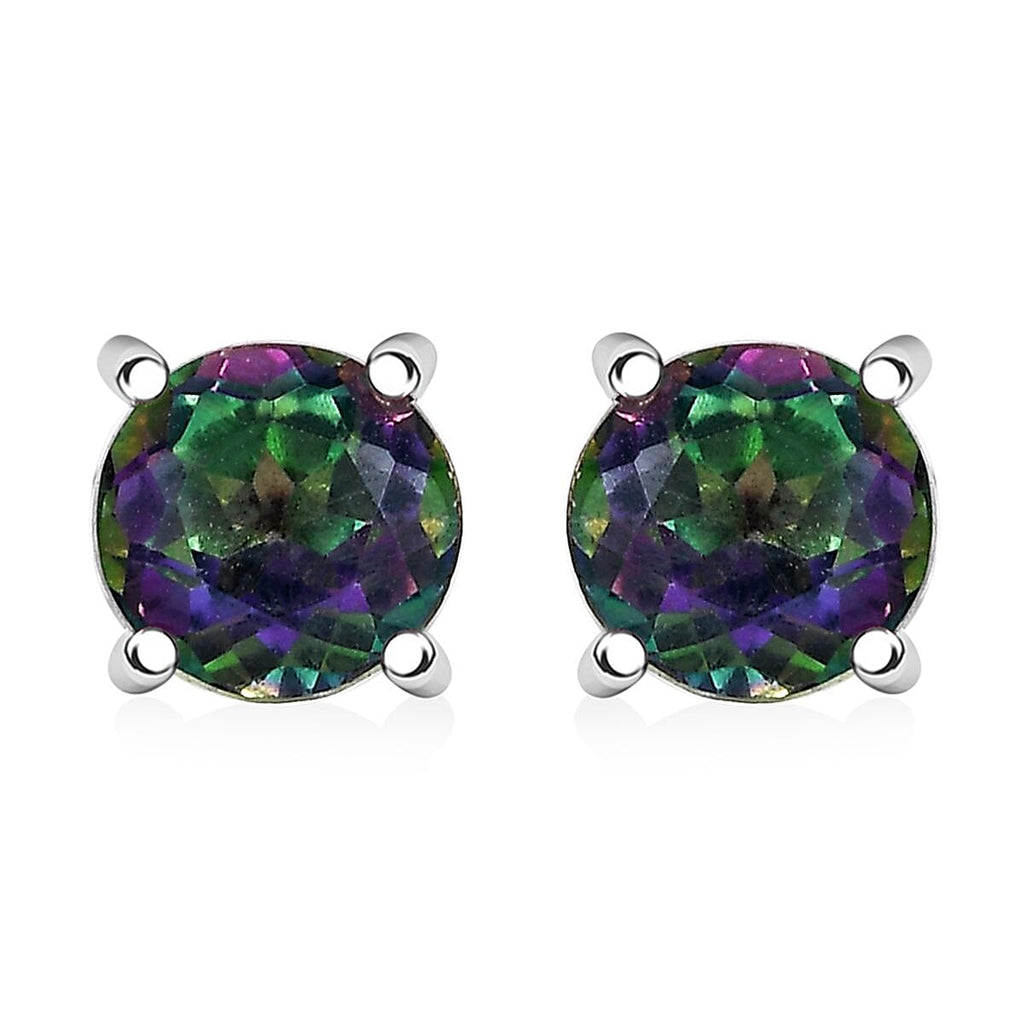 Mystic Topaz Solitaire Stud Push Post Earring with Push Back in Rhodium Overlay Sterling Silver 2.07 Ct