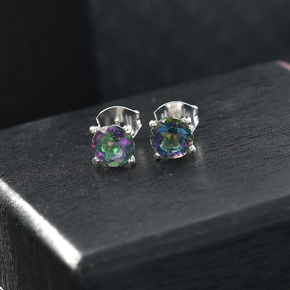 Mystic Topaz Solitaire Stud Push Post Earring with Push Back in Rhodium Overlay Sterling Silver 2.07 Ct 7966449 1