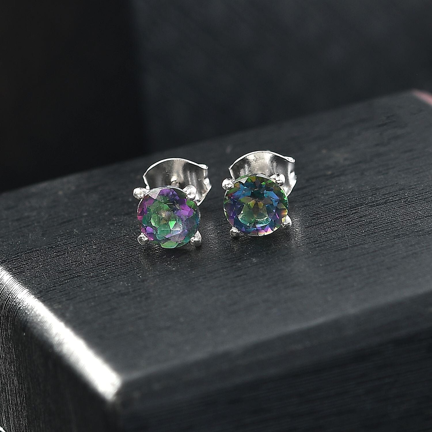 Mystic Topaz Solitaire Stud Push Post Earring with Push Back in Rhodium Overlay Sterling Silver 2.07 Ct 7966449 1