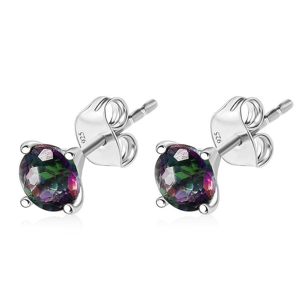 Mystic Topaz Solitaire Stud Push Post Earring with Push Back in Rhodium Overlay Sterling Silver 2.07 Ct