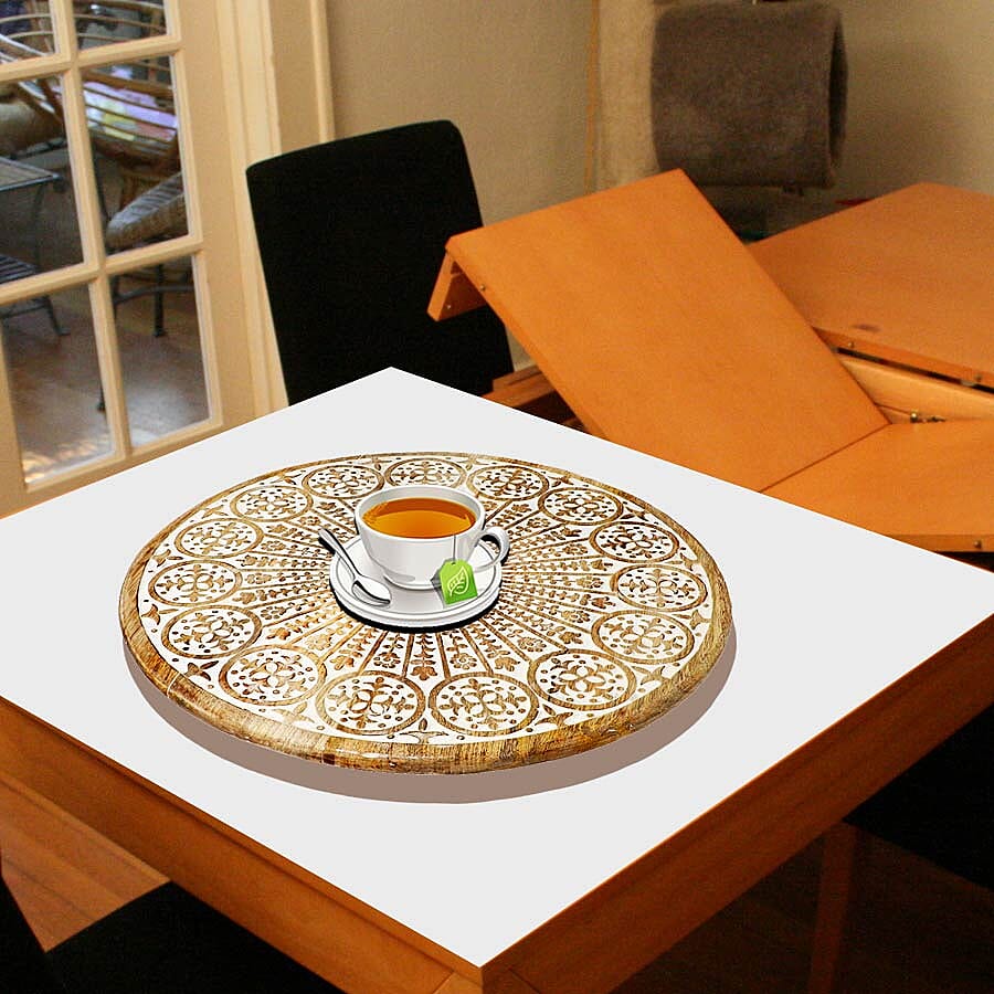 Handmade - Hand Carved Mango Wood Rotating Tray (Dia 40, Weight 7.09lbs) 3519049 0