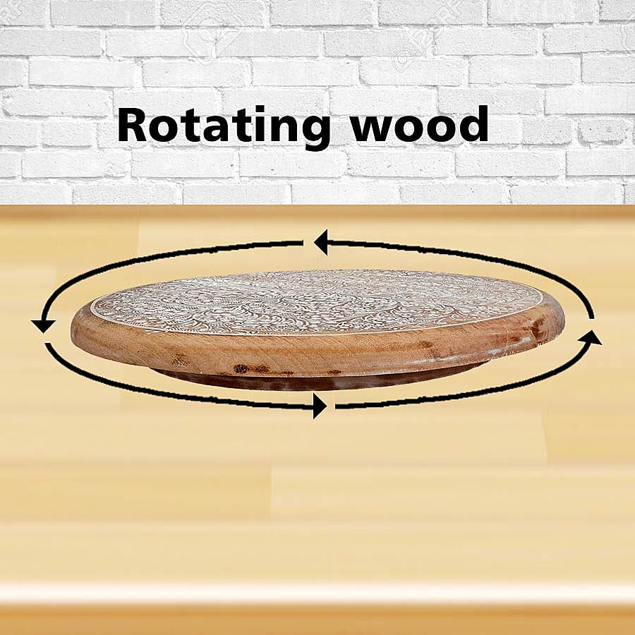 Handmade - Hand Carved Mango Wood Rotating Tray (Dia 40, Weight 7.09lbs) 3519049 3