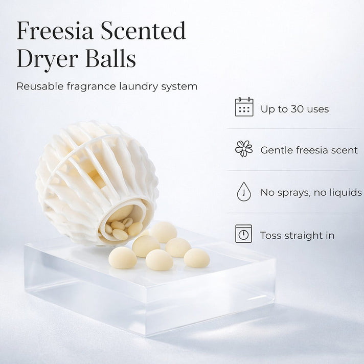 NEW Freesia Scented White Dryer Balls with Beige Beads | Reusable Fragrance Laundry System for 30 Uses 8191712 2