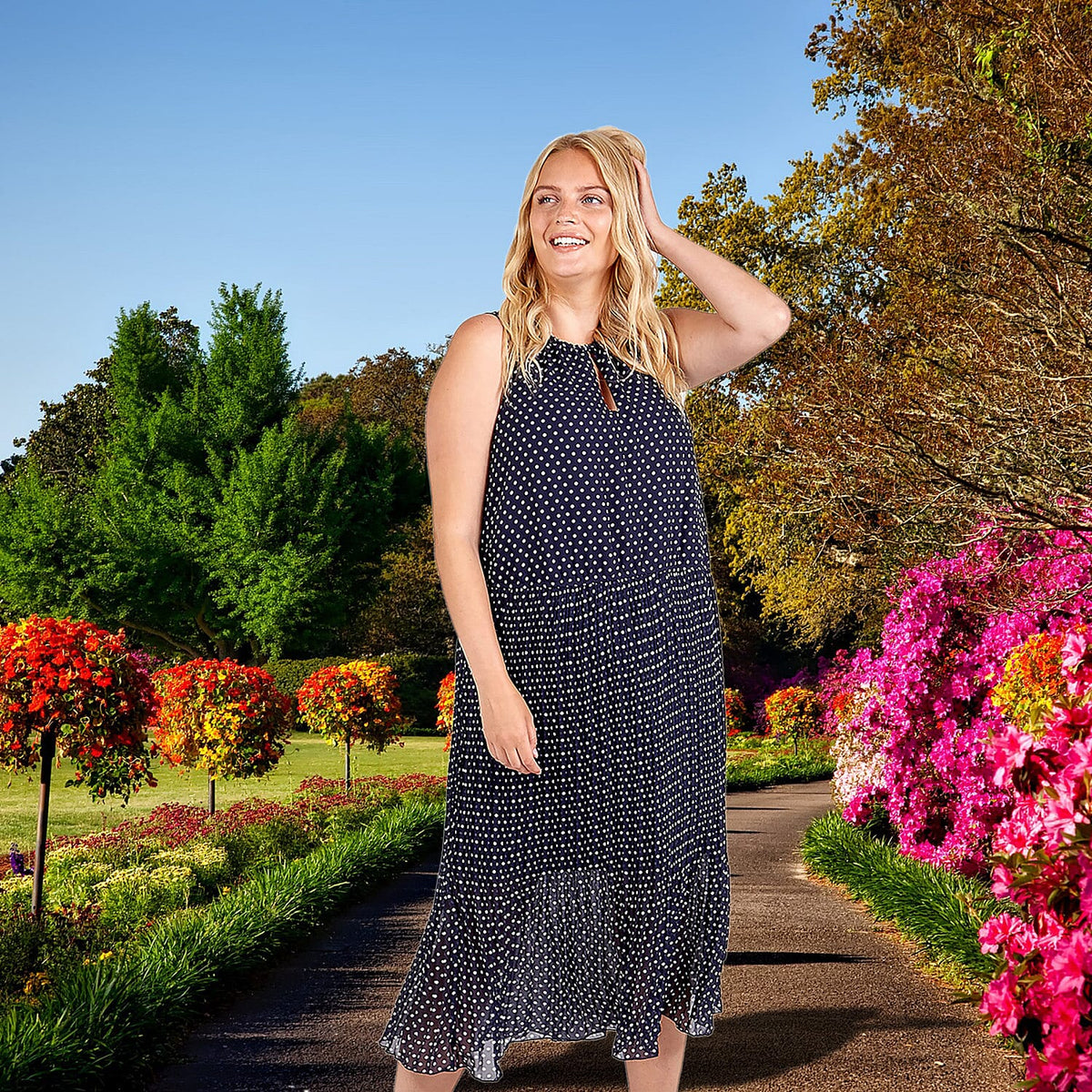 Nova Of London Curve Pleated Polka Dot Midi Dress -Navy and White 8931773 2