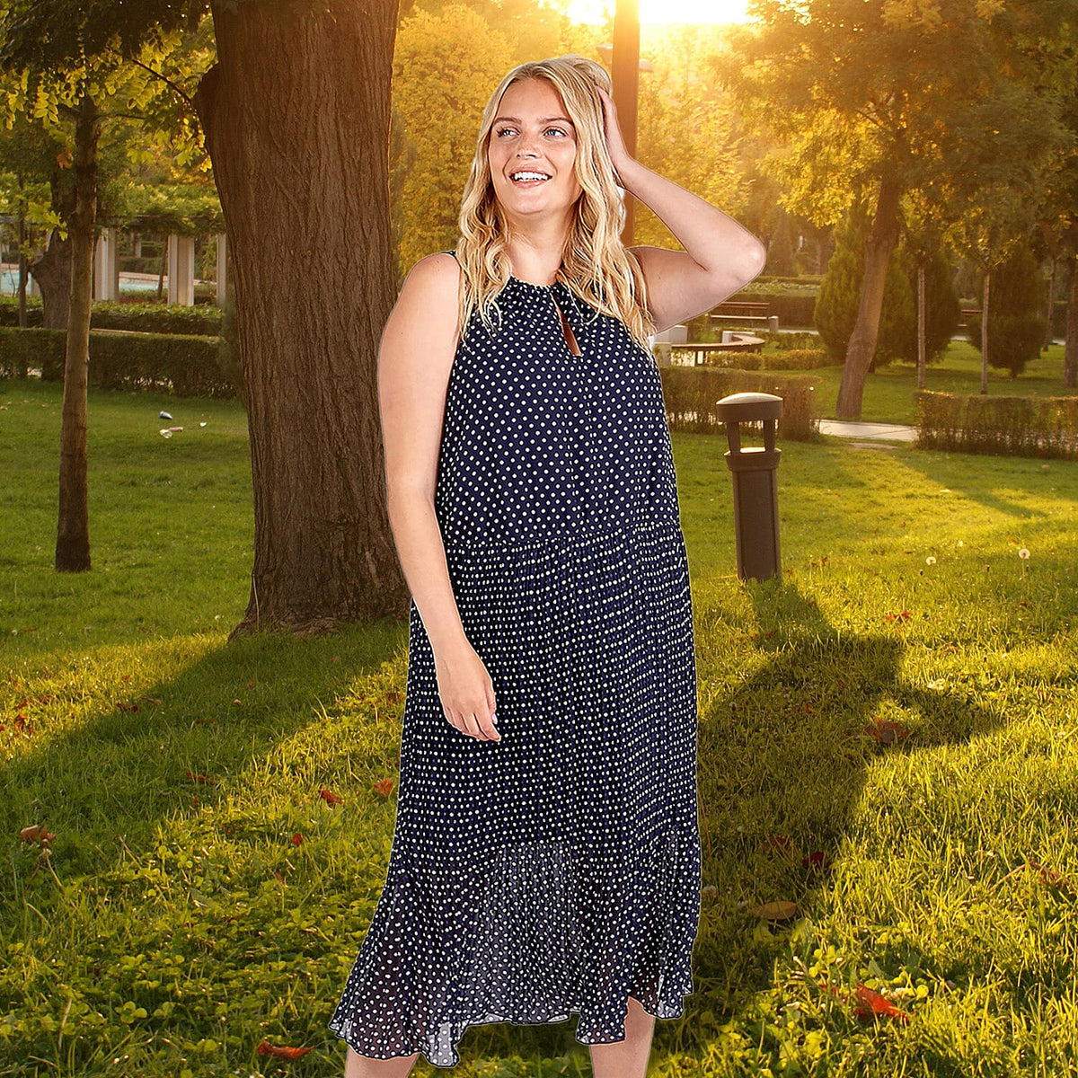 Nova Of London Curve Pleated Polka Dot Midi Dress -Navy and White 8931773 3