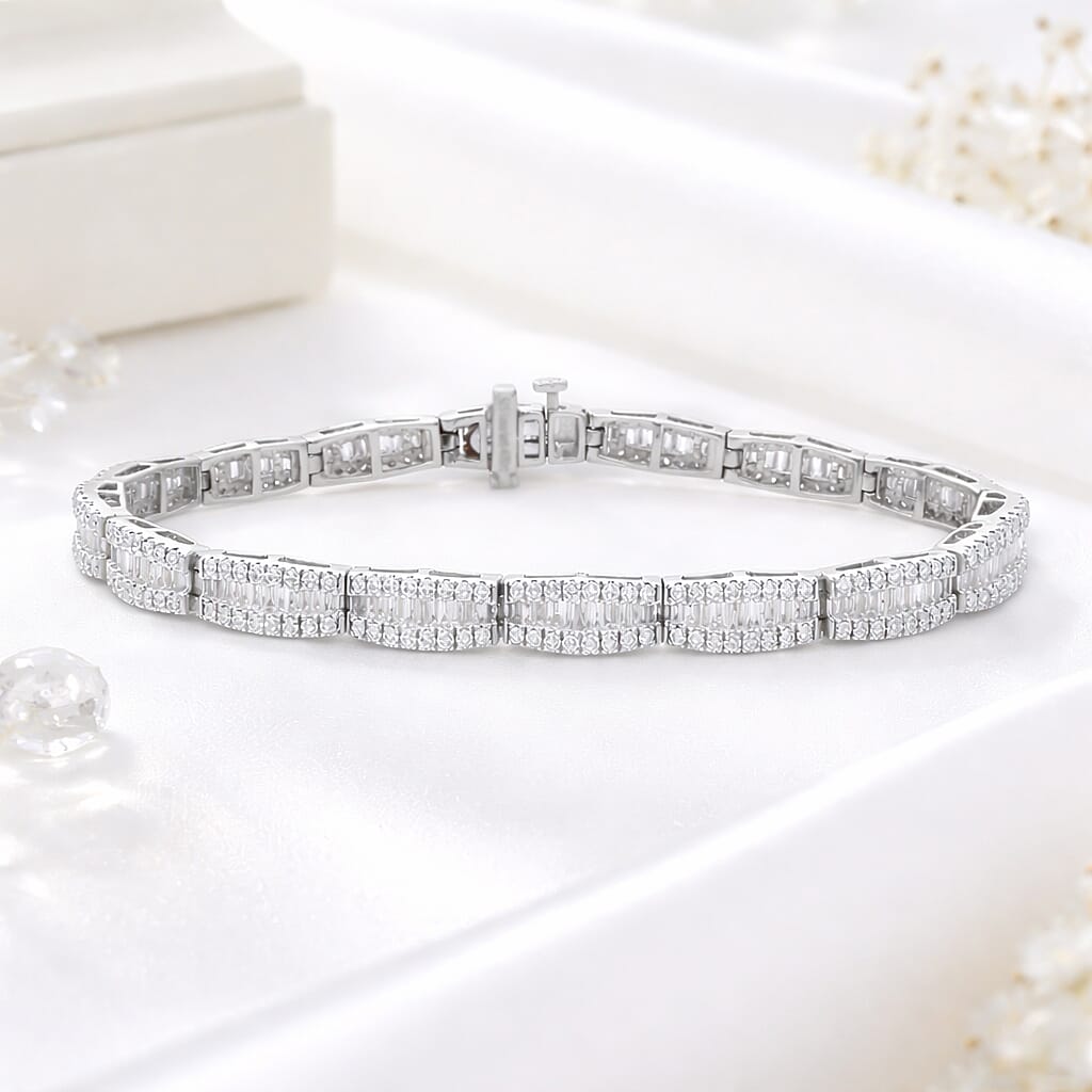 LUXURIANT 4.25 Ct. Lab Grown Diamond Cluster Link Bracelet (Size - 7.5) with Box Clasp in Rhodium Overlay Sterling Silver (SI-GH) 8371054 2