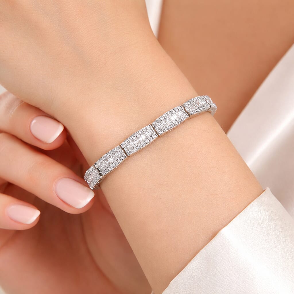 LUXURIANT 4.25 Ct. Lab Grown Diamond Cluster Link Bracelet (Size - 7.5) with Box Clasp in Rhodium Overlay Sterling Silver (SI-GH) 8371054 3