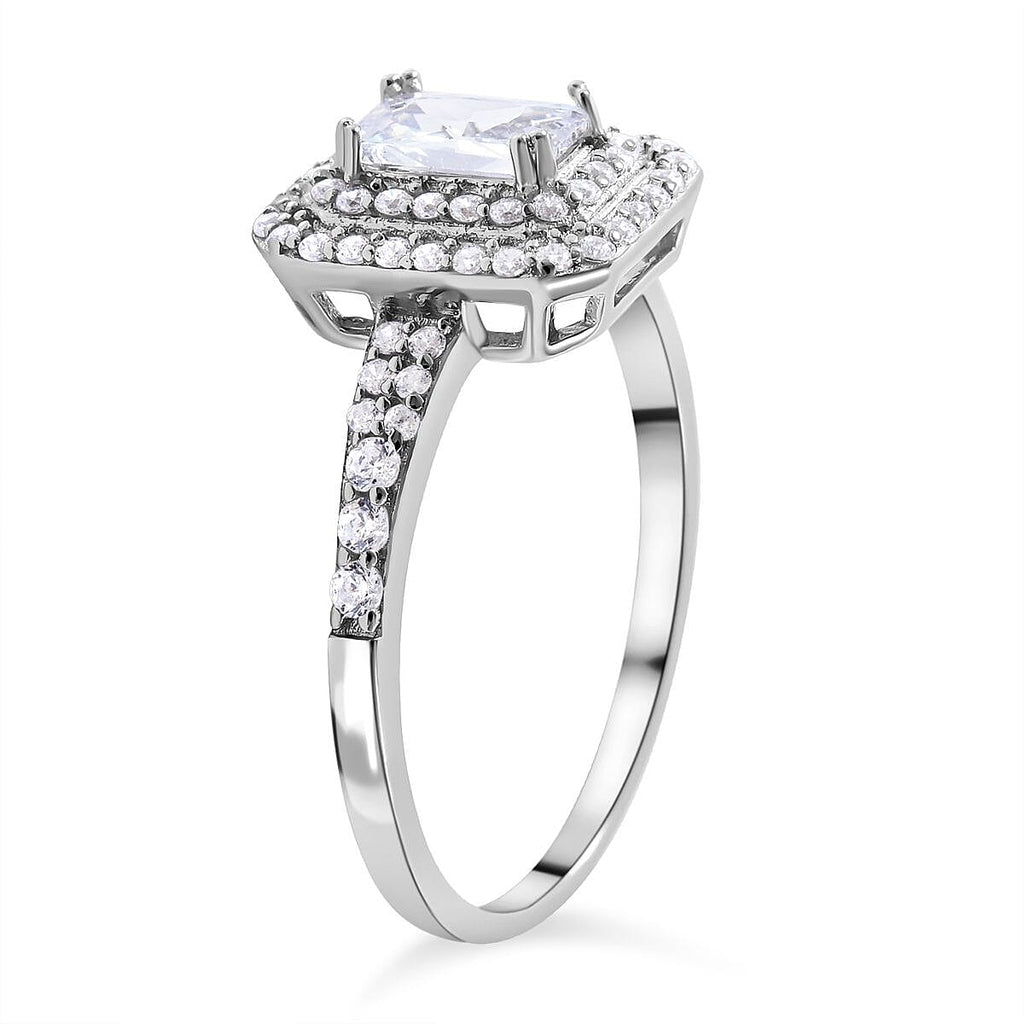 NY Closeout - Simulated Diamond Halo Ring in Rhodium Overlay Sterling Silver