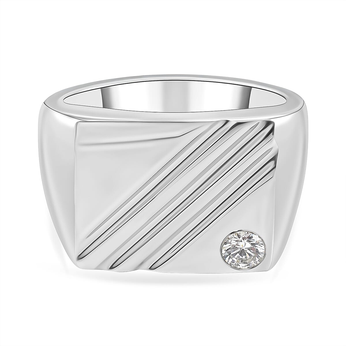 NY Closeout - Zirconia Solitaire Signet Ring in Rhodium Overlay Sterling Silver, Silver Wt. 5.50 Gms 7727236 0