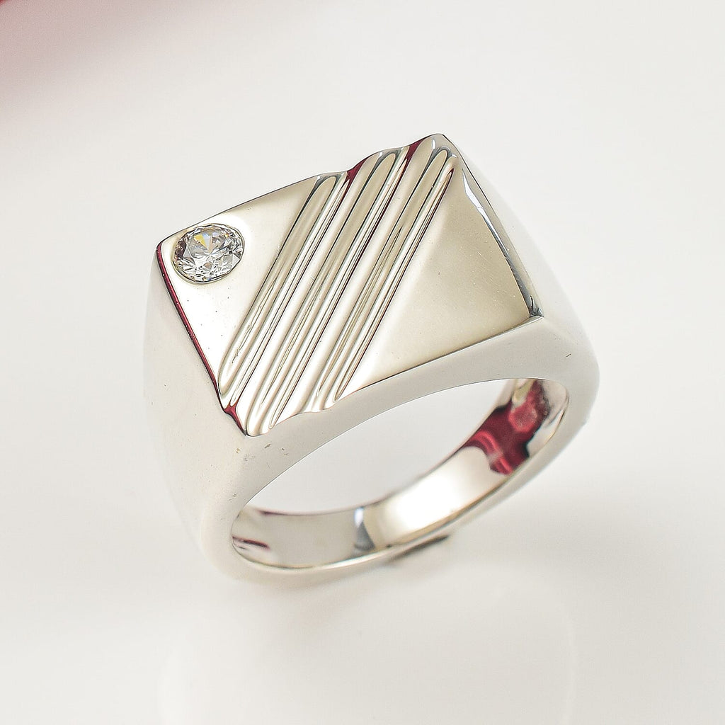 NY Closeout - Zirconia Solitaire Signet Ring in Rhodium Overlay Sterling Silver, Silver Wt. 5.50 Gms