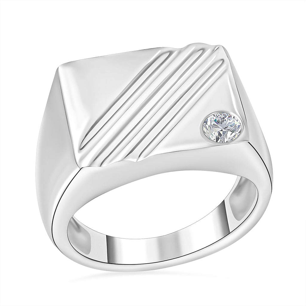 NY Closeout - Zirconia Solitaire Signet Ring in Rhodium Overlay Sterling Silver, Silver Wt. 5.50 Gms