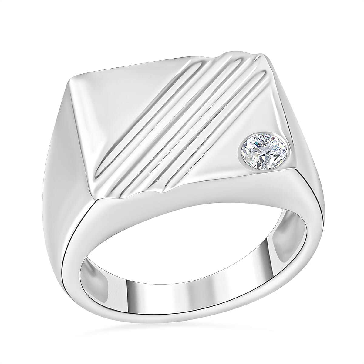 NY Closeout - Zirconia Solitaire Signet Ring in Rhodium Overlay Sterling Silver, Silver Wt. 5.50 Gms 7727236 2