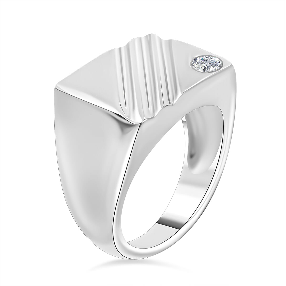 NY Closeout - Zirconia Solitaire Signet Ring in Rhodium Overlay Sterling Silver, Silver Wt. 5.50 Gms 7727236 3