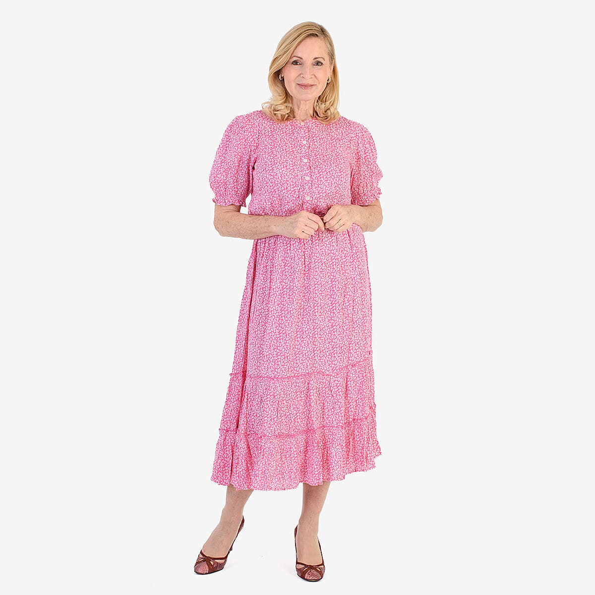 Nabella Ditsy Flower Print Midi Dress with Tiered Skirt (Size 16) - Pink 7961186 0