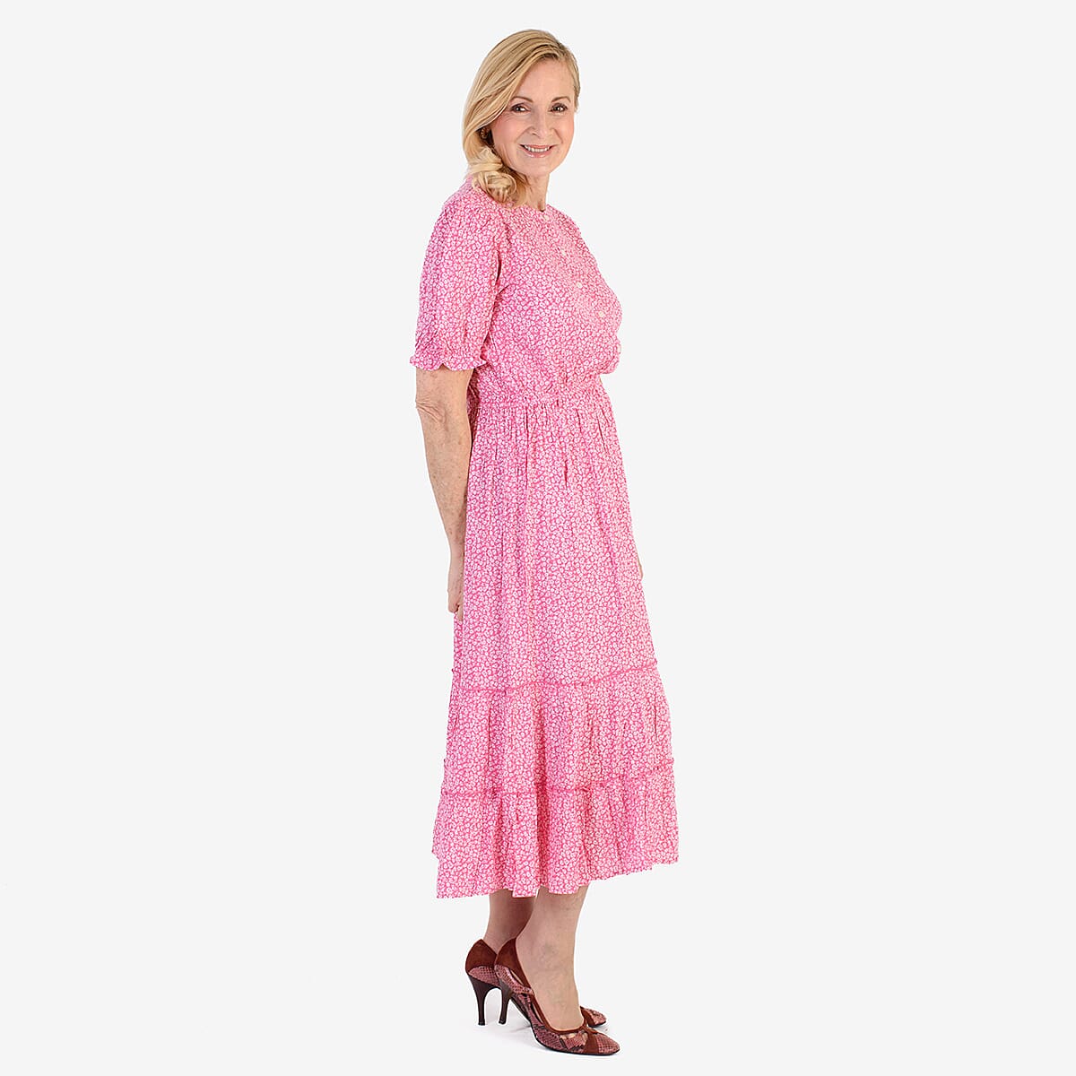 Nabella Ditsy Flower Print Midi Dress with Tiered Skirt (Size 16) - Pink 7961186 3