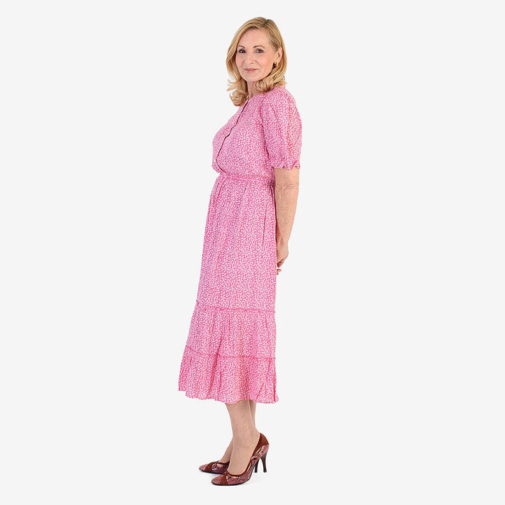 Nabella Ditsy Flower Print Midi Dress with Tiered Skirt (Size 18) - Pink 7961187 2